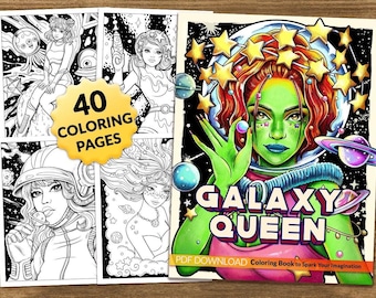 May include: A Galaxy Queen coloring book featuring 40 coloring pages. The cover displays a green-skinned character with red hair surrounded by stars and planets. The text reads 40 COLORING PAGES, GALAXY QUEEN, and PDF DOWNLOAD Coloring Book to Spark Your Imagination.