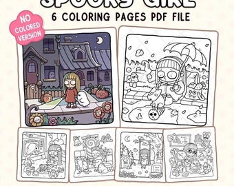 Puede incluir: Una colección digital titulada SPOOKY GIRL 6 COLORING PAGES PDF FILE con seis ilustraciones. Una imagen está coloreada, mostrando a una niña con un fantasma en un vecindario de noche, mientras que las otras cinco son dibujos de líneas en blanco y negro.