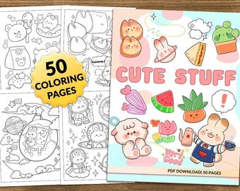 Puede incluir: Un libro de colorear digital titulado CUTE STUFF que contiene 50 páginas con dibujos en blanco y negro de animales, comida y plantas, junto a una portada colorida que muestra varias ilustraciones y personajes de estilo kawaii.