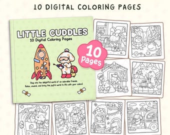 Puede incluir: Un conjunto de libros para colorear digitales titulado COMBO 2: LITTLE CUDDLES 10 DIGITAL COLORING PAGES. La portada muestra un cohete y un personaje, con diez ilustraciones en blanco y negro que muestran escenas con animales.