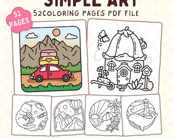 Puede incluir: Un libro de colorear digital titulado SIMPLE ART 52 COLORING PAGES PDF FILE con 52 páginas de arte lineal. La portada muestra un coche rojo con equipaje, una casa con forma de seta, un gato con lana, un globo aerostático, una playa y una ballena.