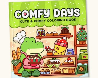 Puede incluir: Un libro para colorear "Comfy Days" con una escena de panadería de dibujos animados. Un chef cocodrilo verde sostiene un pastel, mientras que un pollito amarillo lleva un gorro de invierno. La panadería presenta varios pasteles y un árbol de Navidad.