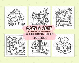Cozy and Cute Coloring Book, Hygge Inspired Coloring Pages for Adults and Teens, Printable PDF Download, Bold Easy Stress Relief Art