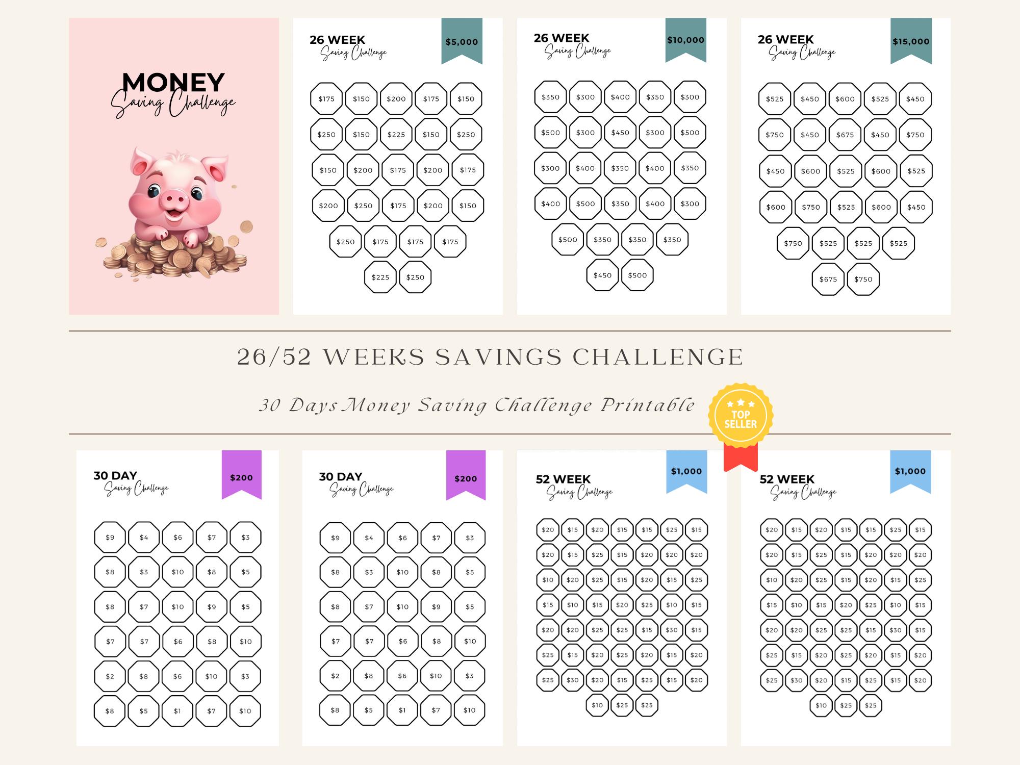 Savings Challenge Printable: 26/52 Weeks, 30 Days, 100 Envelope - Etsy