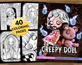 Griezelig poppenkleurboek, horror-gotische ontwerpen, spookachtige pagina's (pdf-download)