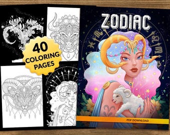 Zodiac Astrology Coloring Book, Zodiac Sign Coloring Pages for Adults and Teens, Printable PDF Download, Celestial Stress Relief Art
