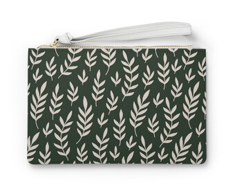 Fern Patterned - Cute Clutch Bag, Deep Green And White Print Nature Pattern