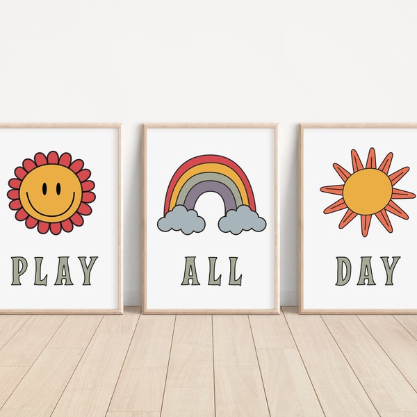 PLAY ALL DAY, Nursery print set, Unisex kid art, Playroom Art, Smiley Face, Sun, Rainbow
