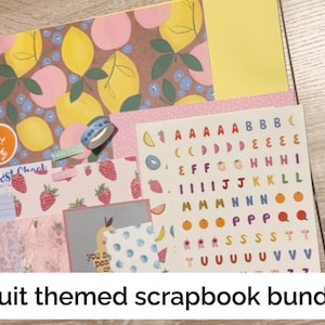 Kit de papelería con diseño de frutas para scrapbooking o diario basura. Kit para scrapbooking o diario basura. Materiales para scrapbooking.
