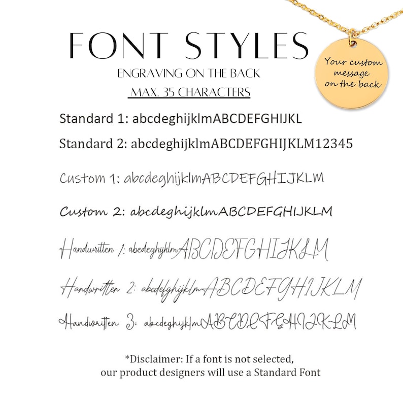 K&ouml;nnte beinhalten: Eine goldfarbene Halskette mit rundem Anh&auml;nger. Das Bild zeigt Schriftarten f&uuml;r Gravuren, darunter Standard-, benutzerdefinierte und handschriftliche Optionen. Der Text auf dem Anh&auml;nger lautet "Your custom message on the back."