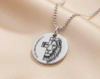 Engraved Bible Quote Necklace For Men Lion Cross Symbol Of Faith Religious Medallion Inspired Verses  Bible Confirmation Keepsake Corinthian
