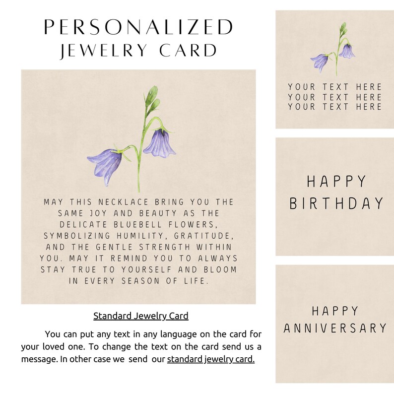 May include: A square beige jewelry card featuring a watercolor illustration of two purple bluebell flowers with green stems. The card includes printed text about the flowers and the phrase 'MAY THIS NECKLACE BRING YOU THE SAME JOY'.