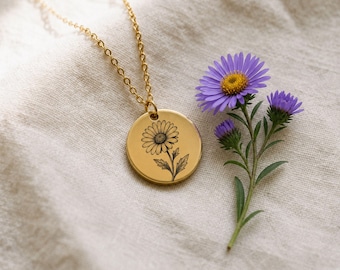 September Birth Flower Necklace Engraved Aster Pendant Personalized Floral Disc Charm Custom Keepsake Present for Mom Nana or Sister