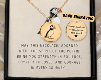 Gold Puffin Necklace Personalized Engraved Coin Pendant Silver Atlantic Puffin Bird Charm Sea Parrot Seabird Jewelry Keepsake Gift For Her