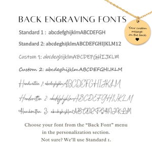 May include: A gold-toned circular pendant necklace featuring a display of seven distinct font styles labeled Standard 1, Standard 2, Custom 1, Custom 2, Handwritten 1, Handwritten 2, and Handwritten 3, with text instructions for personalization.