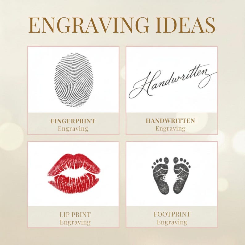 K&ouml;nnte beinhalten: Bild mit Gravurideen: ein Fingerabdruck, handschriftlicher Text, ein roter Lippenabdruck und Babyf&uuml;&szlig;e. Der Text "ENGRAVING IDEAS" steht oben. Jedes Bild hat eine Beschriftung darunter, die die Art der Gravur angibt.