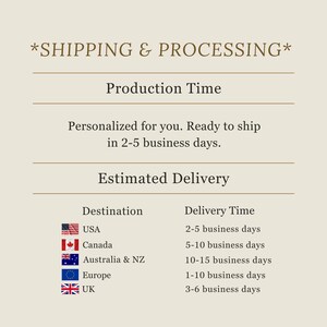 K&ouml;nnte beinhalten: Eine beige Grafik mit Text zu Produktions- und Lieferzeiten. Der Text enth&auml;lt "*SHIPPING & PROCESSING*", "Production Time", "Personalized for you. Ready to ship in 2-5 business days." und "Estimated Delivery".