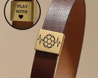 Soccer Bracelet Mens Leather Bracelet Engraved Ball Custom Name Number Cuff Wristband Gift for Football Player Coach Dad Boys Keepsake