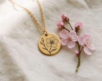 Cherry Blossom Necklace Sakura Personalized Engraved Coin Disc Pendant Gold Silver Charm Custom Name Date Anniversary Keepsake Gift For Her