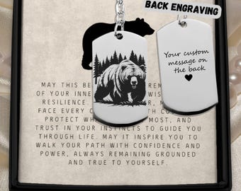 Personalized Grizzly Bear Keychain Engraved Steel Dog Tag Custom Name Forest Mountain Charm Gift for Him Dad Outdoors Wilderness Present