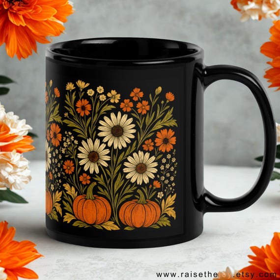 Boho Black Mug Flower and Pumpkin Fall Coffee Cup Autumn Floral Gift Cozy Fall Mug Boho Fall Decor Pumpkin Spice Latte Mug Botanical Fall