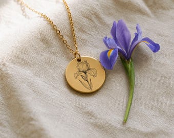 Gold Iris Necklace Personalized Engraved Coin Pendant Iris Flower Jewelry Birthflower Charm Memory Keepsake Birthday Christmas Gift Mom