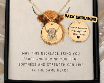 Highland Cow Necklace Personalized Engraved Scottish Medallion Pendant Custom Name Date Handwriting Keepsake Jewelry Gift for Her Birthday
