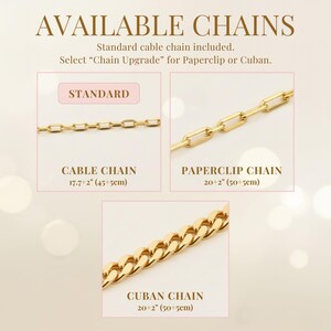 May include: A display of three gold-toned metal chains labeled AVAILABLE CHAINS. The standard cable chain measures 17.7+2 inches, the paperclip chain measures 20+2 inches, and the Cuban chain measures 20+2 inches. Text indicates chain upgrade options.