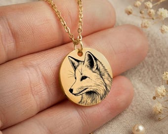 Fox Necklace Personalized Engraved Gold Fox Pendant Medallion Custom Name Date Handwriting Keepsake Jewelry Gift for Her Him Animal Lover
