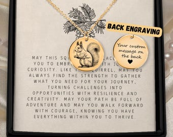 May include: A gold-toned circular pendant necklace featuring an engraved squirrel illustration. A second circular disc shows the text BACK ENGRAVING and Your custom message on the back with a heart symbol. The jewelry is displayed on a card with text.