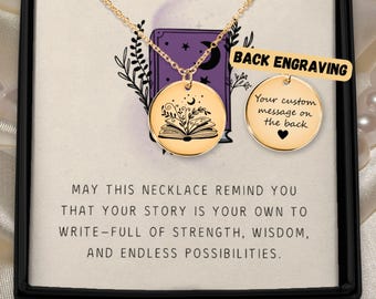 May include: A gold-toned circular pendant necklace featuring an engraved open book with floral elements and a crescent moon. A second circular disc shows the text BACK ENGRAVING and Your custom message on the back with a heart symbol.