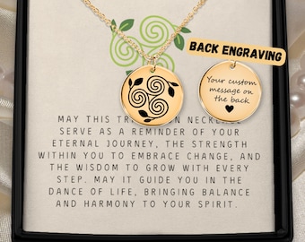 Triskelion Necklace Celtic Triple Spiral Charm Gold Coin Pendant Personalized Name Engraved Keepsake Irish Newgrange Balance Pagan Jewelry