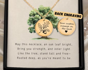 Gold Oak Leaf Necklace Personalized Engraved Acorn Coin Disc Pendant Silver Oakleaf Charm Custom Name Strength Keepsake Gift For Her