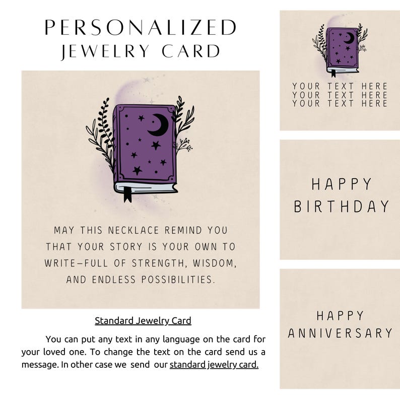 Pu&ograve; includere: Una carta di gioielli personalizzata con un'illustrazione di un libro viola con una luna crescente e stelle. La carta include opzioni di testo per compleanni e anniversari e la possibilit&agrave; di aggiungere testo personalizzato.