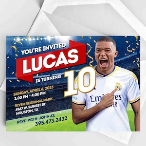 Custom Mbappé Birthday Invitation, Personalized Real Madrid Birthday Invite, Football Invitation Digital Download, Kylian Mbappé Real Madrid
