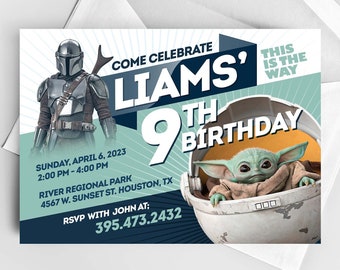 Invitación de cumpleaños mandaloriana personalizada / Hecho a pedido tarjeta de cumpleaños personalizable / Invitación editable / Descarga digital / Fiesta Grogu