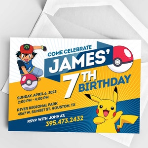 Invitation d'anniversaire Pokemon, Invitation Pokemon personnalisée, Carte d'anniversaire personnalisable sur commande | Invitation modifiable, fête d'anniversaire Pikachu