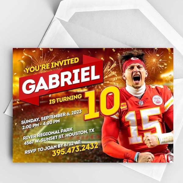 Invitación de cumpleaños personalizada de Patrick Mahomes, invitación de cumpleaños personalizada de los Kansas City Chiefs, invitación de cumpleaños de fútbol, descarga digital