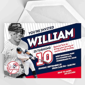 Invitación de cumpleaños de los Yankees, invitación personalizada de Aaron Judge, descarga digital, tarjeta de cumpleaños personalizable a pedido, invitación de béisbol de Nueva York