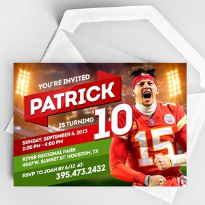 Invito di compleanno personalizzato Patrick Mahomes, invito di compleanno personalizzato Kansas City Chiefs, invito di compleanno di football, download digitale