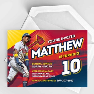 May include: A red, yellow, and blue baseball-themed birthday invitation for Matthew's 10th birthday party. The invitation features a baseball player in a red and white uniform, a baseball bat, and the text "You're Invited Matthew is turning 10".