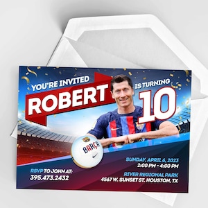 Faire-part d'anniversaire Barcelone, Lewandowski | Carte d'anniversaire personnalisable sur commande | Invitation Barca, fête numérique du FC Barcelona
