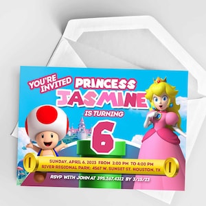 Personalisierte Prinzessin Peach Geburtstagseinladung, Tochter Geburtstagskarte, Super Mario Geburtstagskarte, digitaler Download | Pfirsich Party einladen