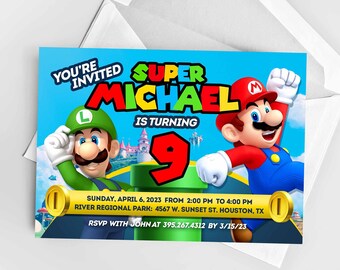 Personalized Super Mario Birthday Invitation, Made to order customizable Birthday card, Editable Invite, Digital download, Mario Luigi Party