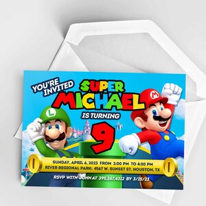 Personalisierte Super Mario Geburtstagseinladung, auf Bestellung anpassbare Geburtstagskarte, bearbeitbare Einladung, digitaler Download, Mario Luigi Party