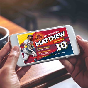 May include: A baseball-themed birthday invitation for Matthew's 10th birthday party. The invitation features a baseball player in a red, white, and blue uniform, a baseball bat, and a red, white, and blue baseball. The invitation includes the date, time, and location of the party, as well as the RSVP information.