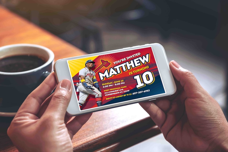 May include: A baseball-themed birthday invitation for Matthew's 10th birthday party. The invitation features a baseball player in a red, white, and blue uniform, a baseball bat, and a red, white, and blue baseball. The invitation includes the date, time, and location of the party, as well as the RSVP information.