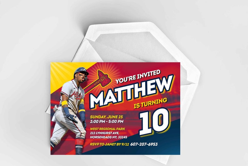May include: A red, yellow, and blue baseball-themed birthday invitation for Matthew's 10th birthday party. The invitation features a baseball player in a red and white uniform, a baseball bat, and the text "You're Invited Matthew is turning 10".