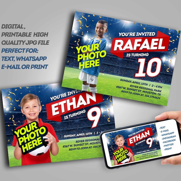 Custom Soccer Invitation with your photo, Digital Download Football Birthday PHOTO Invite, Custom Personalized soccer Invitation