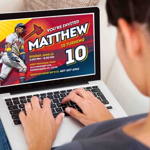 May include: A baseball-themed birthday invitation for Matthew's 10th birthday party. The invitation features a baseball player in a red and blue uniform, a baseball bat, and the text "YOU'RE INVITED MATTHEW IS TURNING 10". The invitation also includes the date, time, location, and RSVP information.